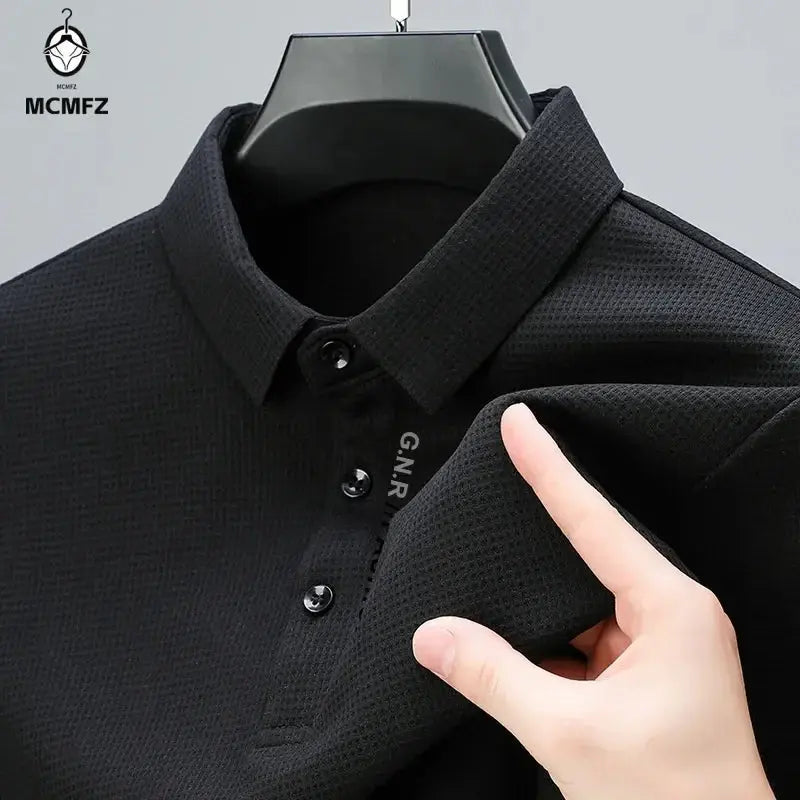 Men's Waffle Long Sleeved POLO Shirt with Letter Printed Lapel Casual Top Chicchar Fashion