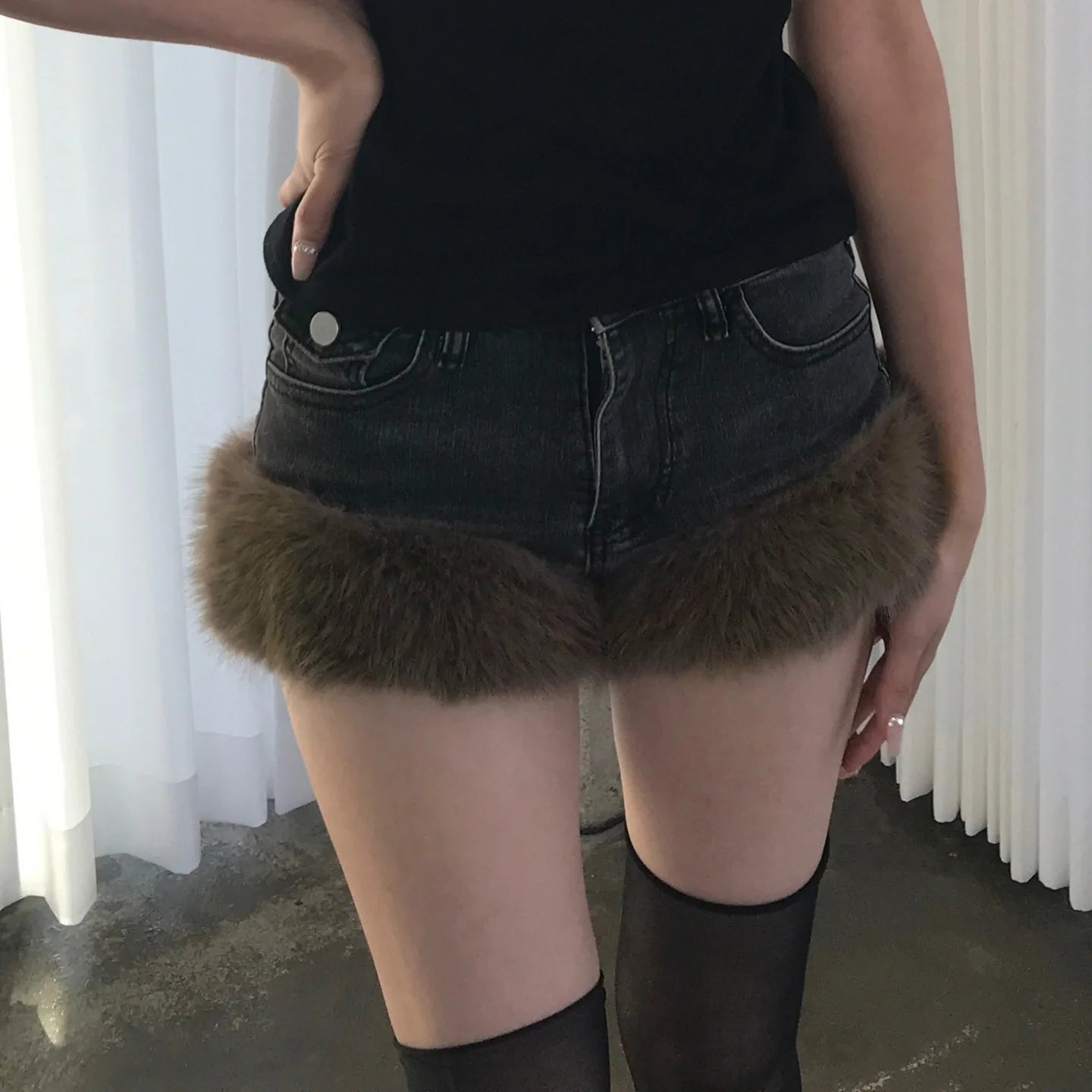 Fluffy Denim Low-Waist Shorts
