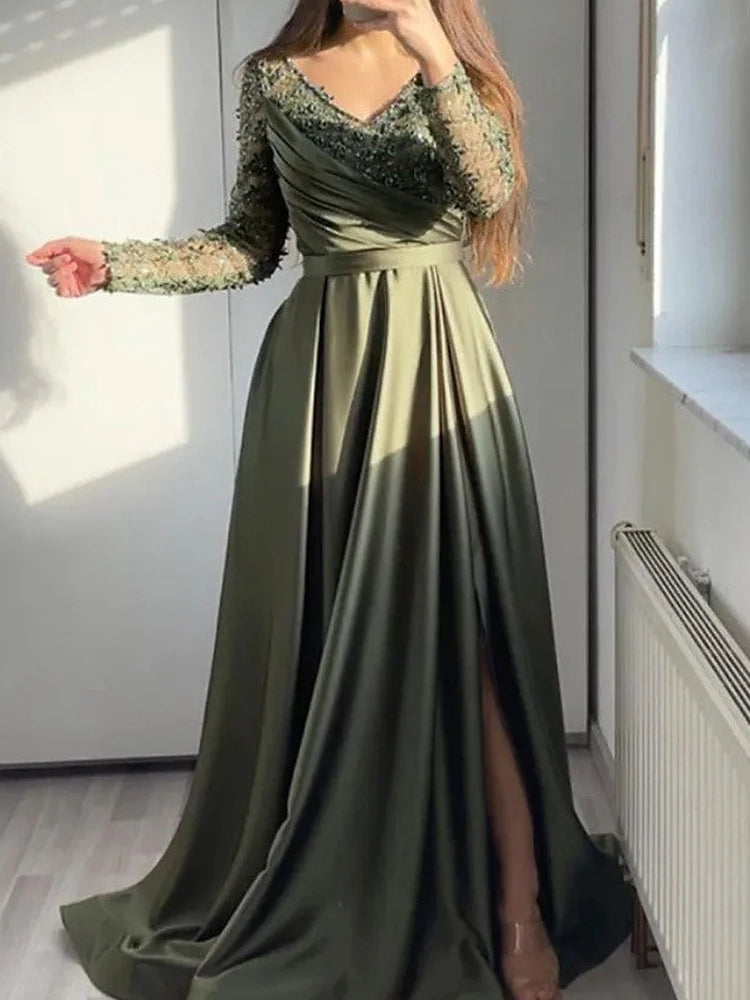 V-Neck Embroidered Lace Gown