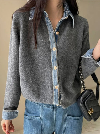 Denim Patchwork Knit Cardigan Chicchar Fashion