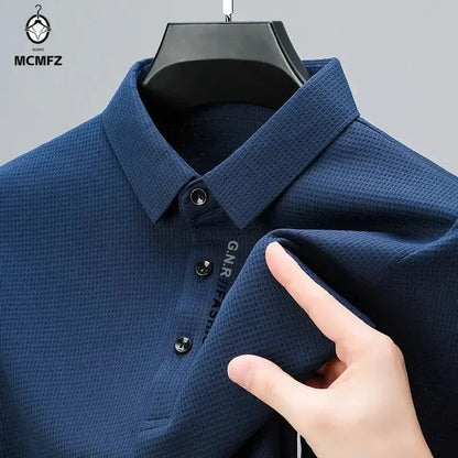 Men's Waffle Long Sleeved POLO Shirt with Letter Printed Lapel Casual Top Chicchar Fashion