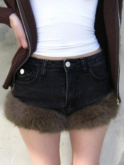 Y2K Fur Patchwork Denim Shorts