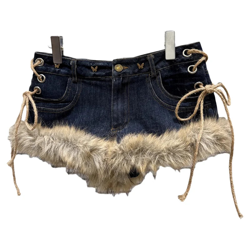 Frayed Lace-Up Denim Shorts