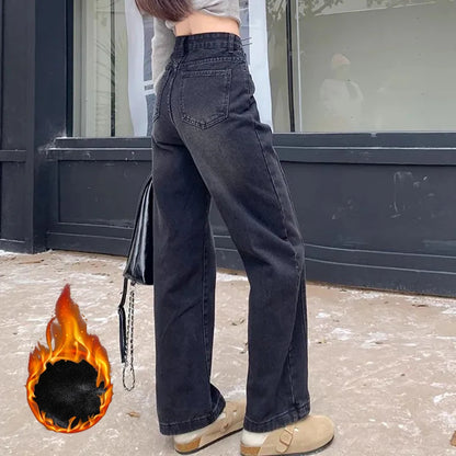 Korean High-Waist Fleece Jeans