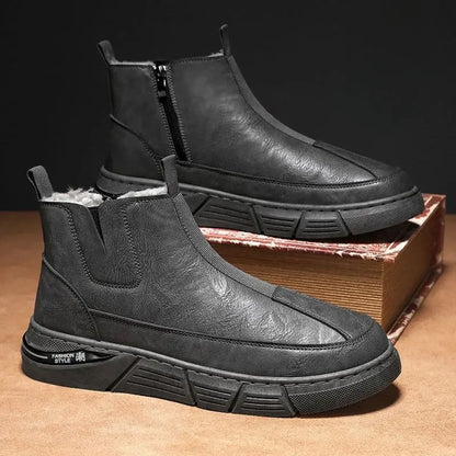 Winter Shoes Man Ankle Platform Brown Leather Zip Up Snow Boots for Men Booties New in Work Fur Brands Thick Plush Anti Slip - Chicchar Fashion