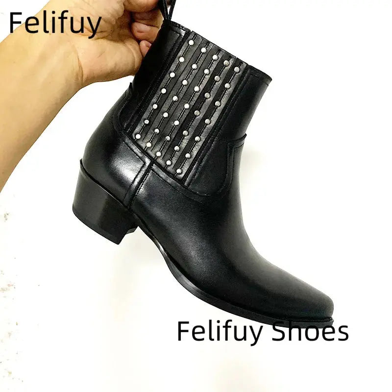 Studded Chelsea Boots Men Black Ankle Boots Luxury Designer Real Leather Men Booties Handmade Luxury Botas Thigh High Boots - Chicchar Fashion