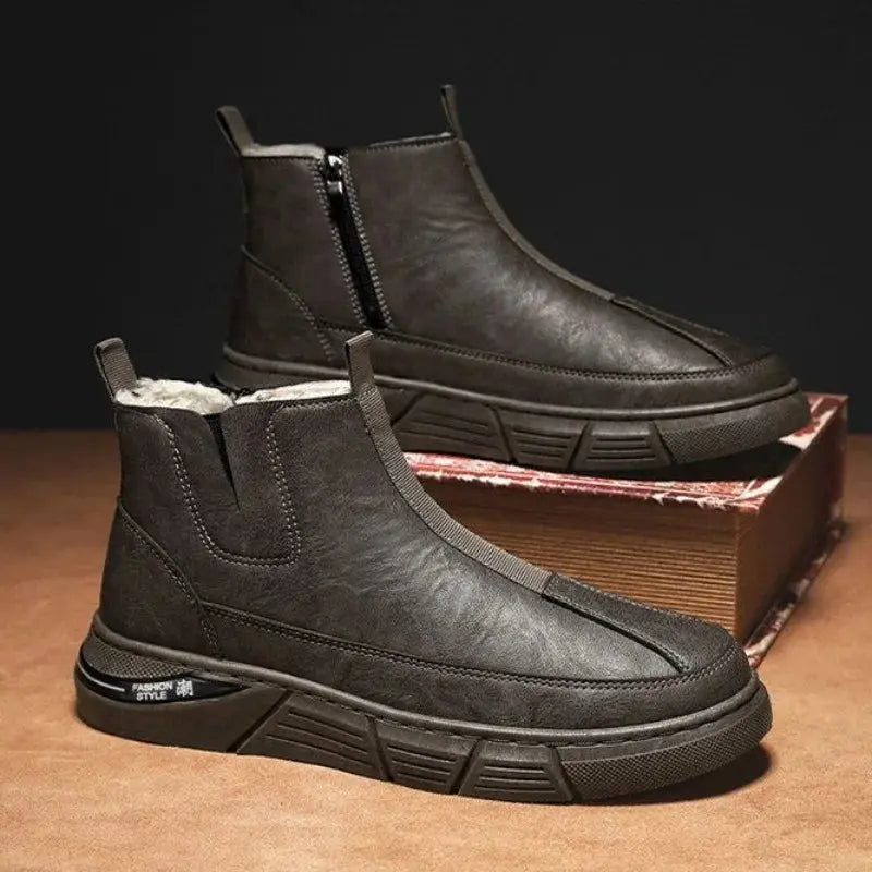 Winter Shoes Man Ankle Platform Brown Leather Zip Up Snow Boots for Men Booties New in Work Fur Brands Thick Plush Anti Slip - Chicchar Fashion