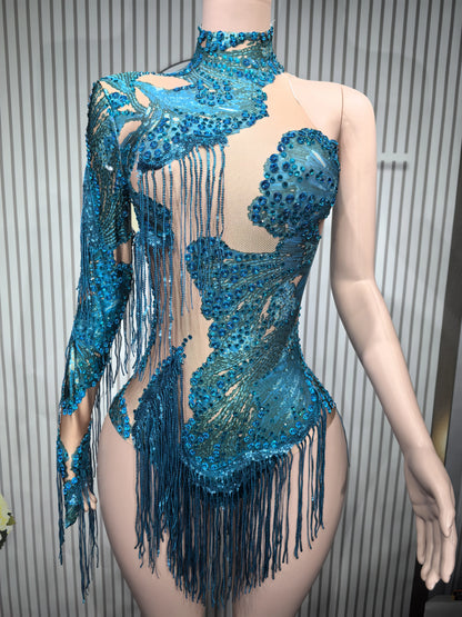 Blue Rhinestone Dance Bodysuit