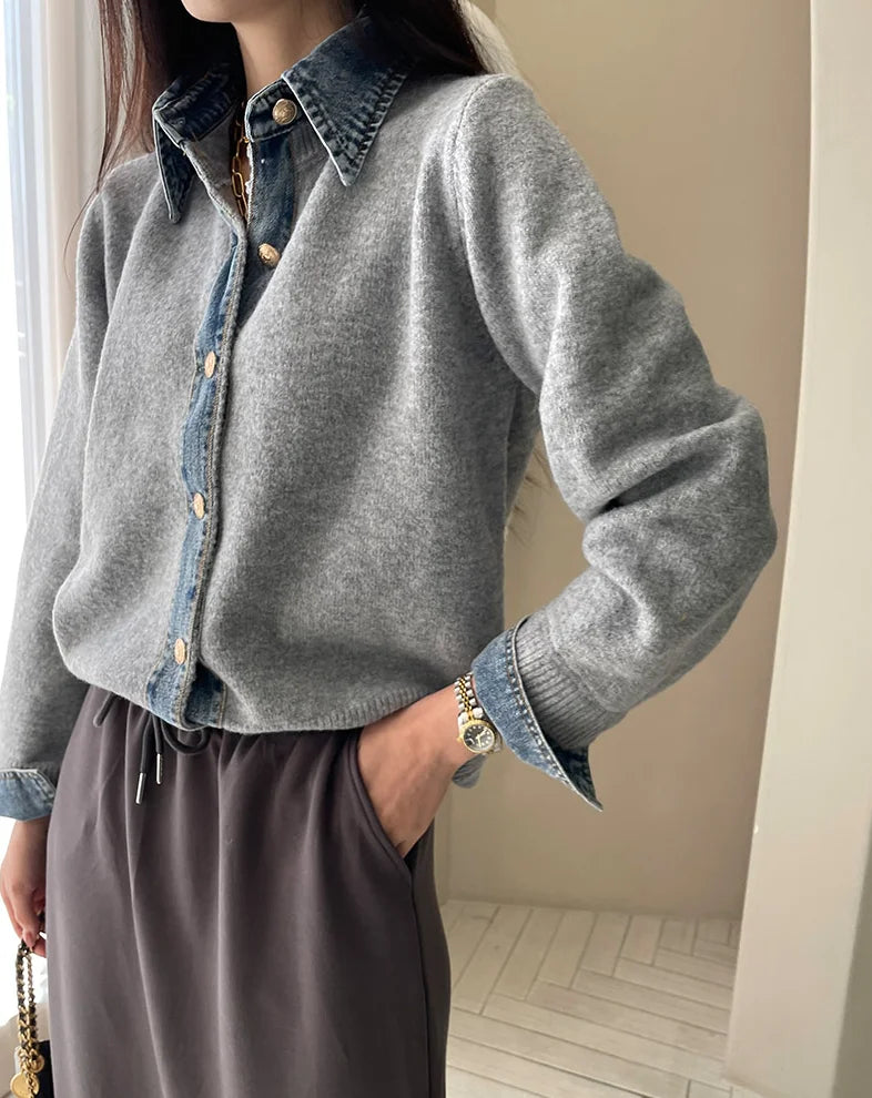 Denim Patchwork Knit Cardigan Chicchar Fashion