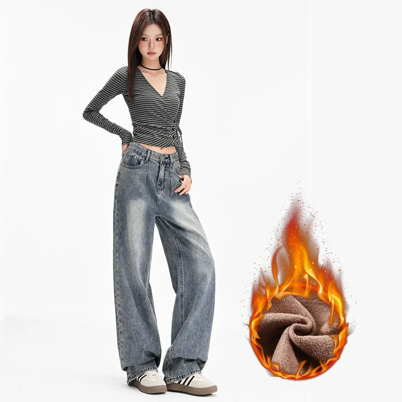 High Waist Fleece Wide Jeans