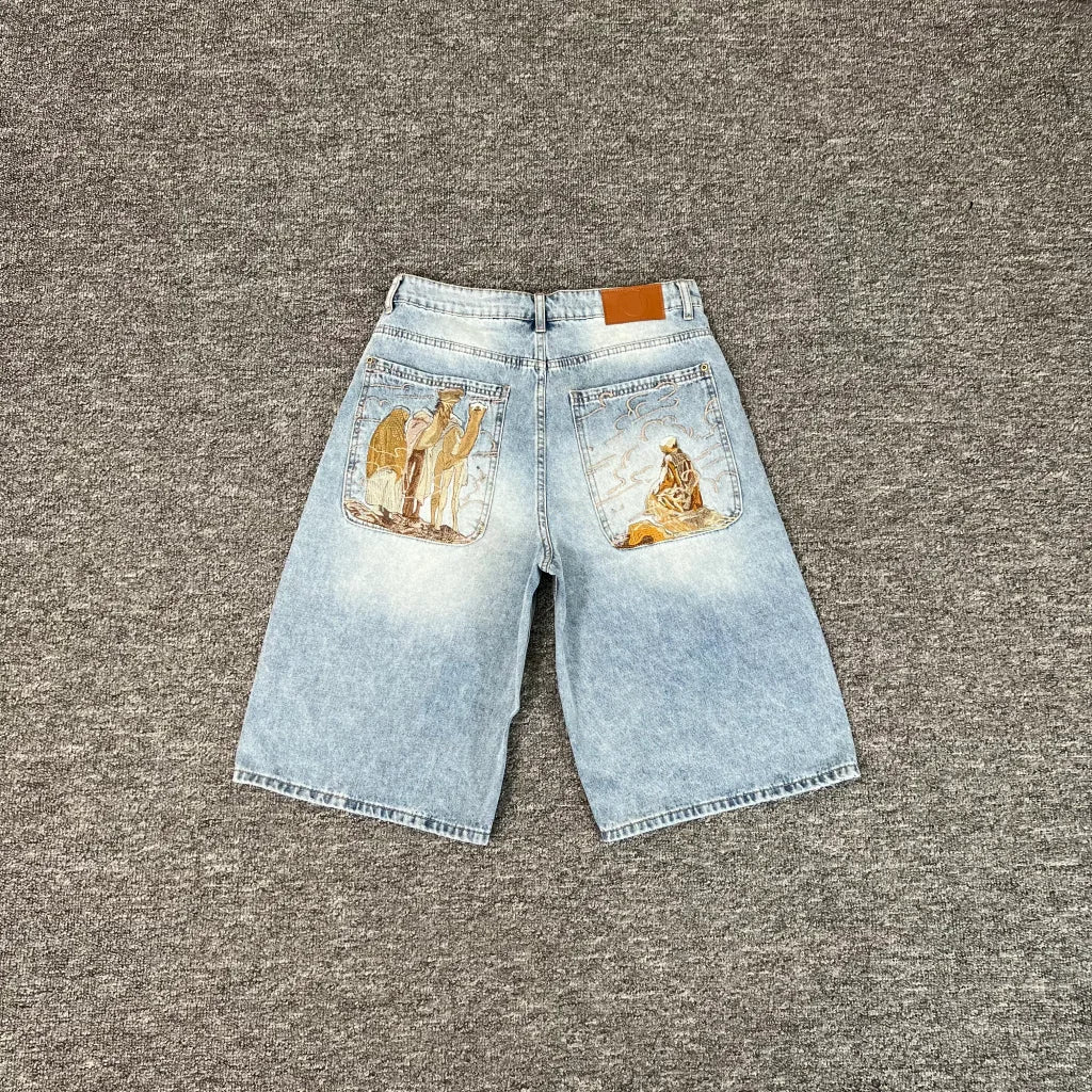 Embroidered Denim Baggy Shorts
