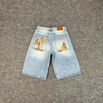Embroidered Denim Baggy Shorts