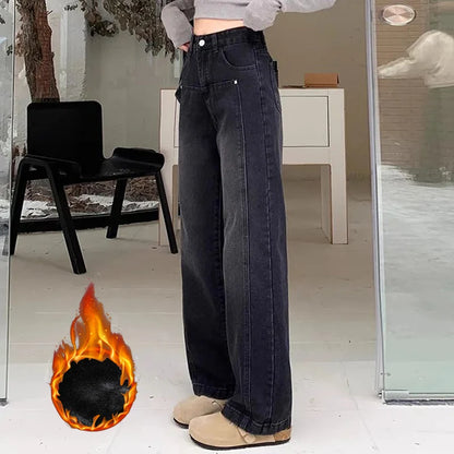 Korean High-Waist Fleece Jeans