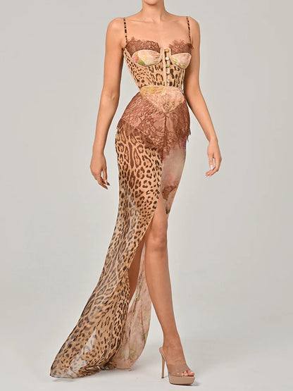 Leopard Lace Split Maxi Dress