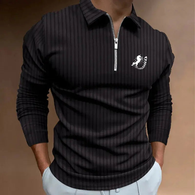 Men Stripe Zip Polo Polyester Chicchar Fashion