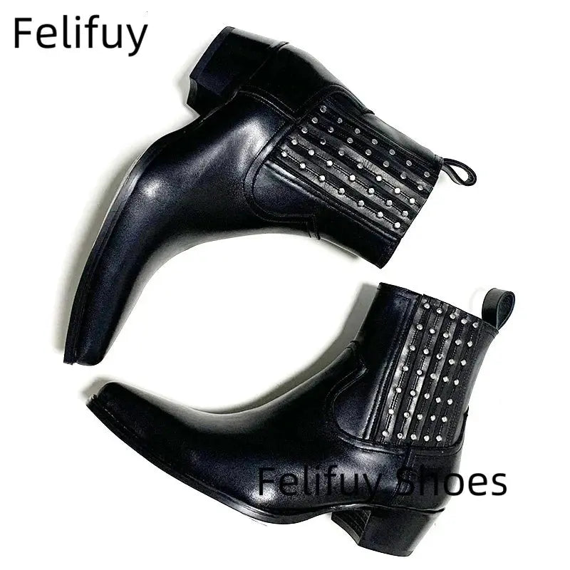 Studded Chelsea Boots Men Black Ankle Boots Luxury Designer Real Leather Men Booties Handmade Luxury Botas Thigh High Boots - Chicchar Fashion