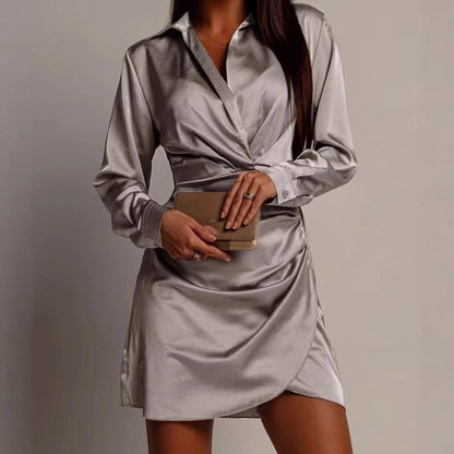 Satin Long Sleeve Wrap Dress