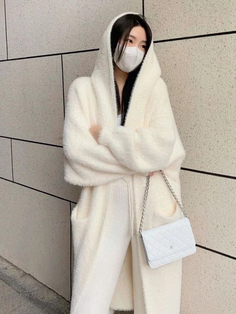white Long Cardigan for women 2025 new winter clothes Knitted fluffy long sleeve Cashmere sweater coat korean style warm vintage Chicchar Fashion