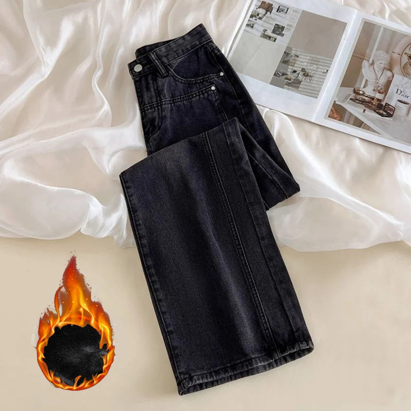 Korean High-Waist Fleece Jeans