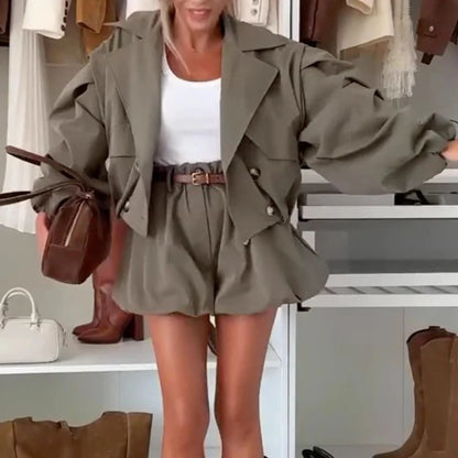 Lapel Trench Coat & Mini Skirt