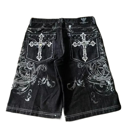 Baggy Embroidered Denim Shorts