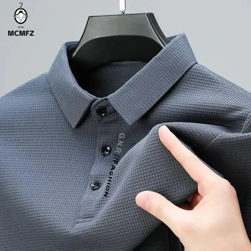 Men's Waffle Long Sleeved POLO Shirt with Letter Printed Lapel Casual Top Chicchar Fashion
