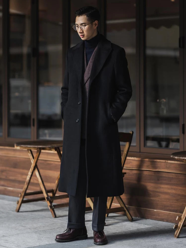 Long Wool-Blend Black Trench