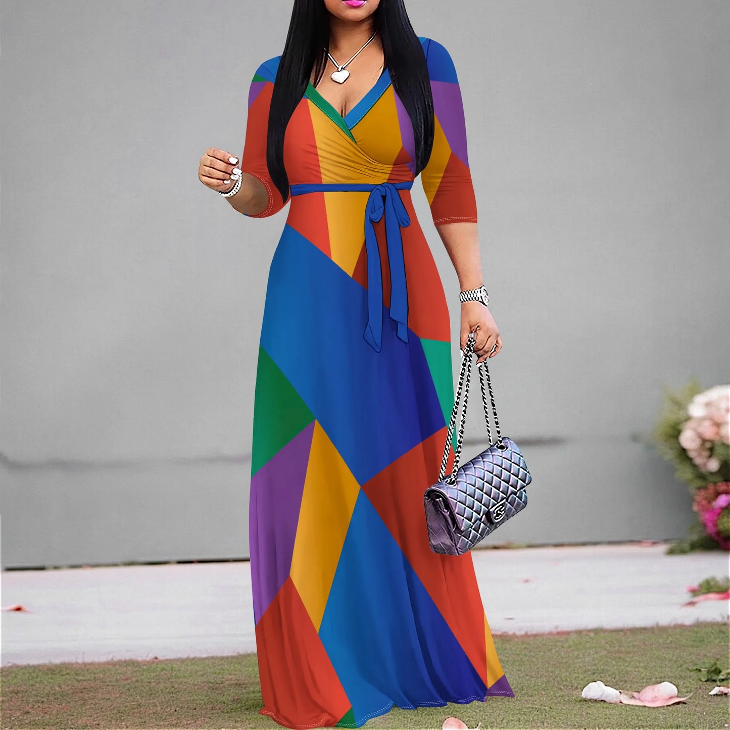 Floral Polyester V-Neck Maxi