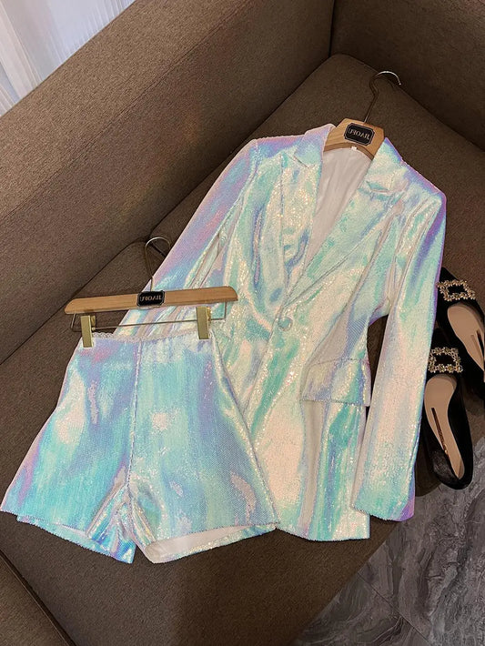 Shimmer Chic: Sequined Shorts Suit for Women