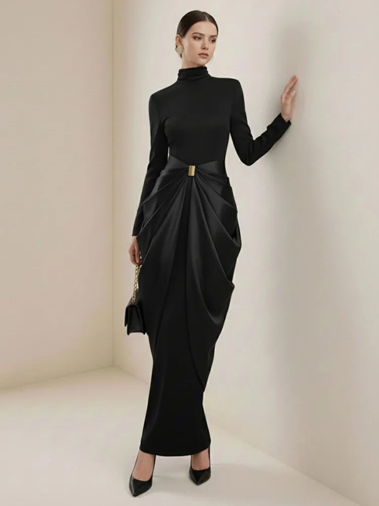 Black High-Neck Pleated Maxi