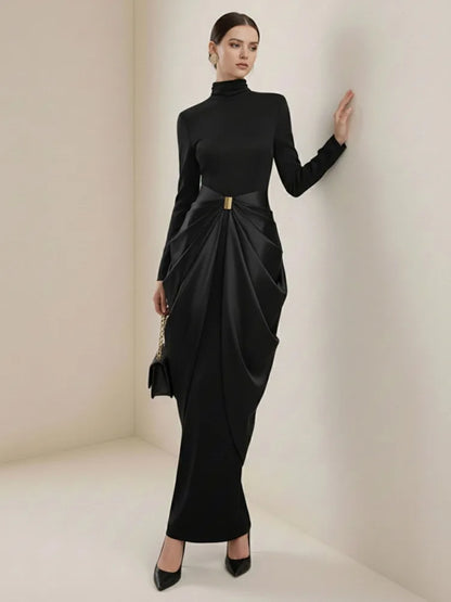 Black High-Neck Pleated Maxi