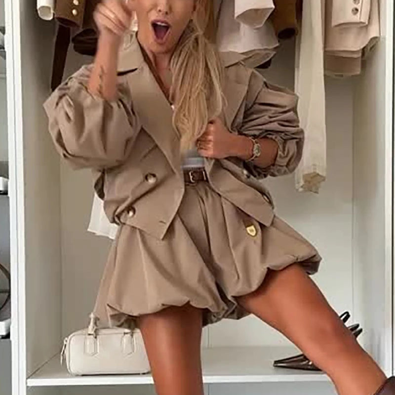 Lapel Trench Coat & Mini Skirt