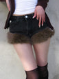 Y2K Fur Patchwork Denim Shorts