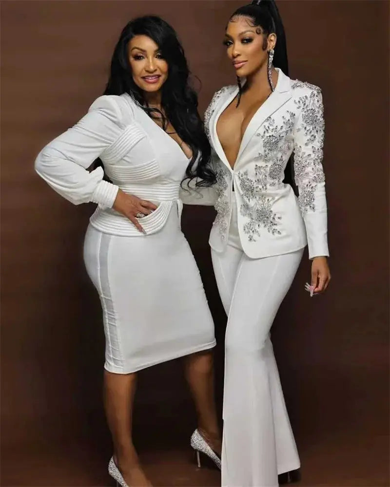 White Crystals Women Suit Set 2 Piece Blazer+Pants Trousers Formal Office Lady Jacket Customized Cotton Wedding Prom Party Coat - Chicchar Fashion