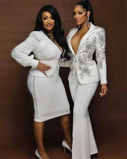 White Crystals Women Suit Set 2 Piece Blazer+Pants Trousers Formal Office Lady Jacket Customized Cotton Wedding Prom Party Coat - Chicchar Fashion