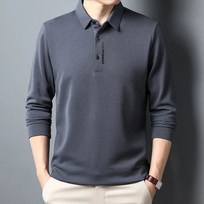 Men's Waffle Long Sleeved POLO Shirt with Letter Printed Lapel Casual Top