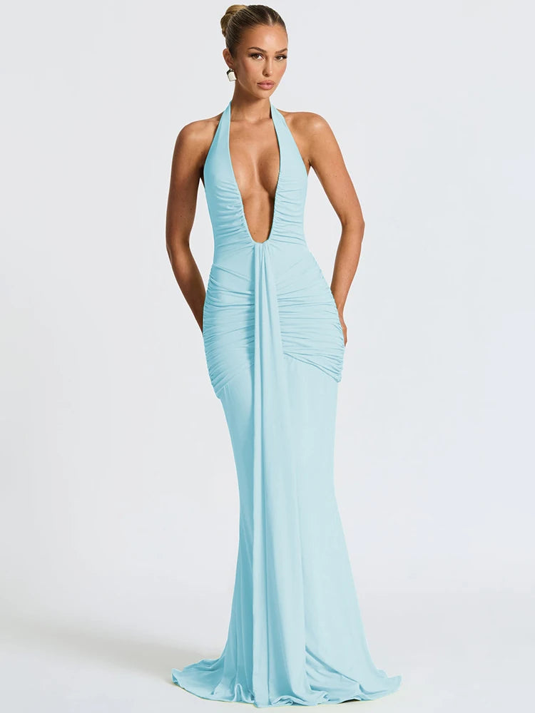 Deep V Draped Ruched Maxi