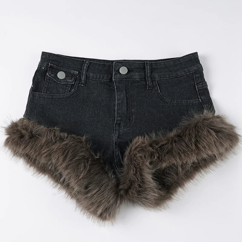 Fluffy Denim Low-Waist Shorts