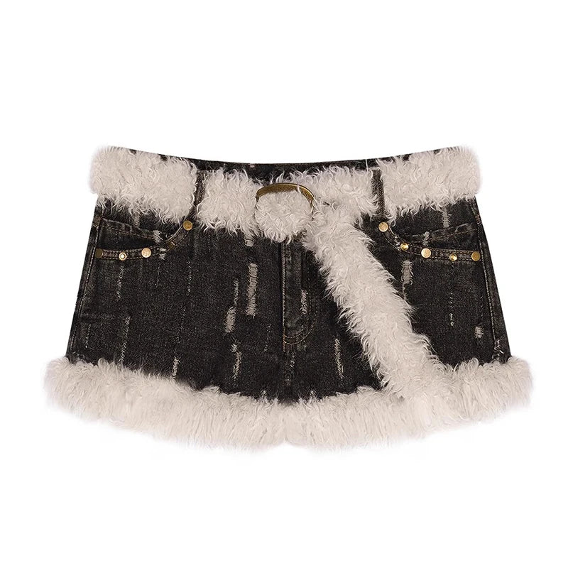 Faux Fur Belt Denim Shorts