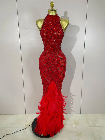Red Rhinestone Mesh Long Dress