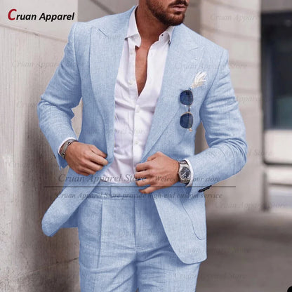 Sky Blue Linen Slim Suit