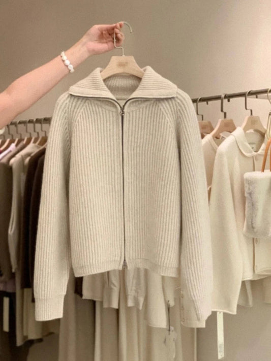 Zipper 100% pure cashmere cardigan ladies knitted coat thickened sweater lapel loose autumn and winter. Chicchar Fashion
