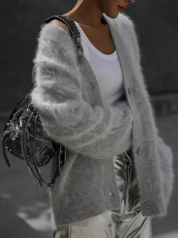 Oversized V-Neck Knit Cardigan Chicchar Fashion