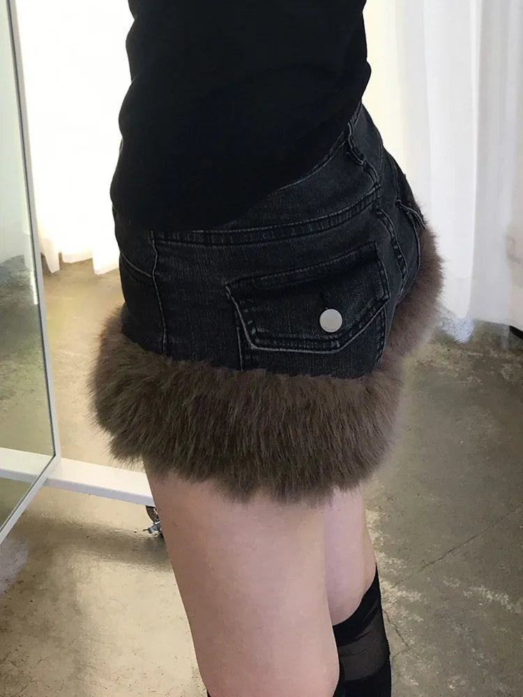 Y2K Fur Patchwork Denim Shorts