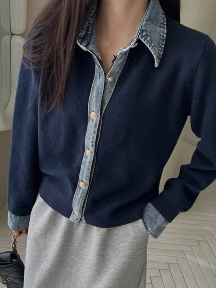Denim Patchwork Knit Cardigan Chicchar Fashion