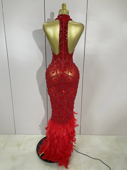Red Rhinestone Mesh Long Dress